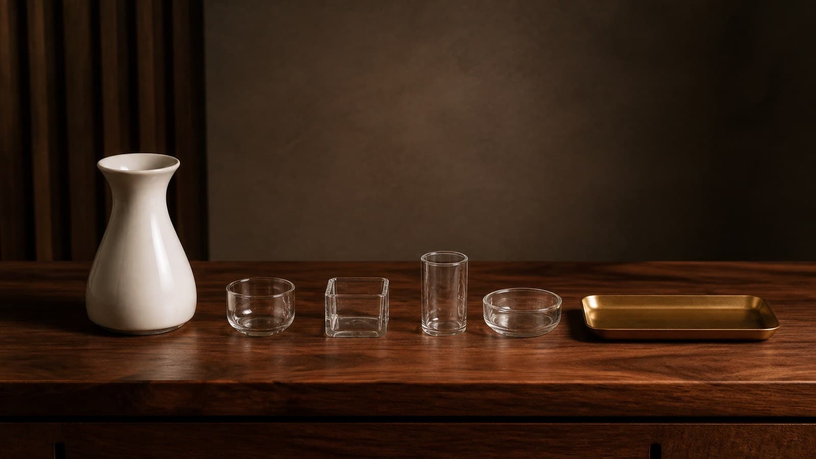 A cream ceramic carafe stands beside four empty sampling vessels with round, square, tall, and shallow shapes, followed by an empty brass tray.