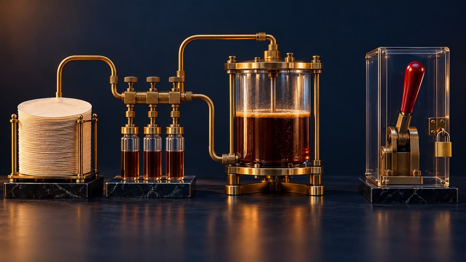 Filter papers, blank sample vials, and a valve manifold feed a glass observation chamber while a separate red repair lever remains behind a clear guard.