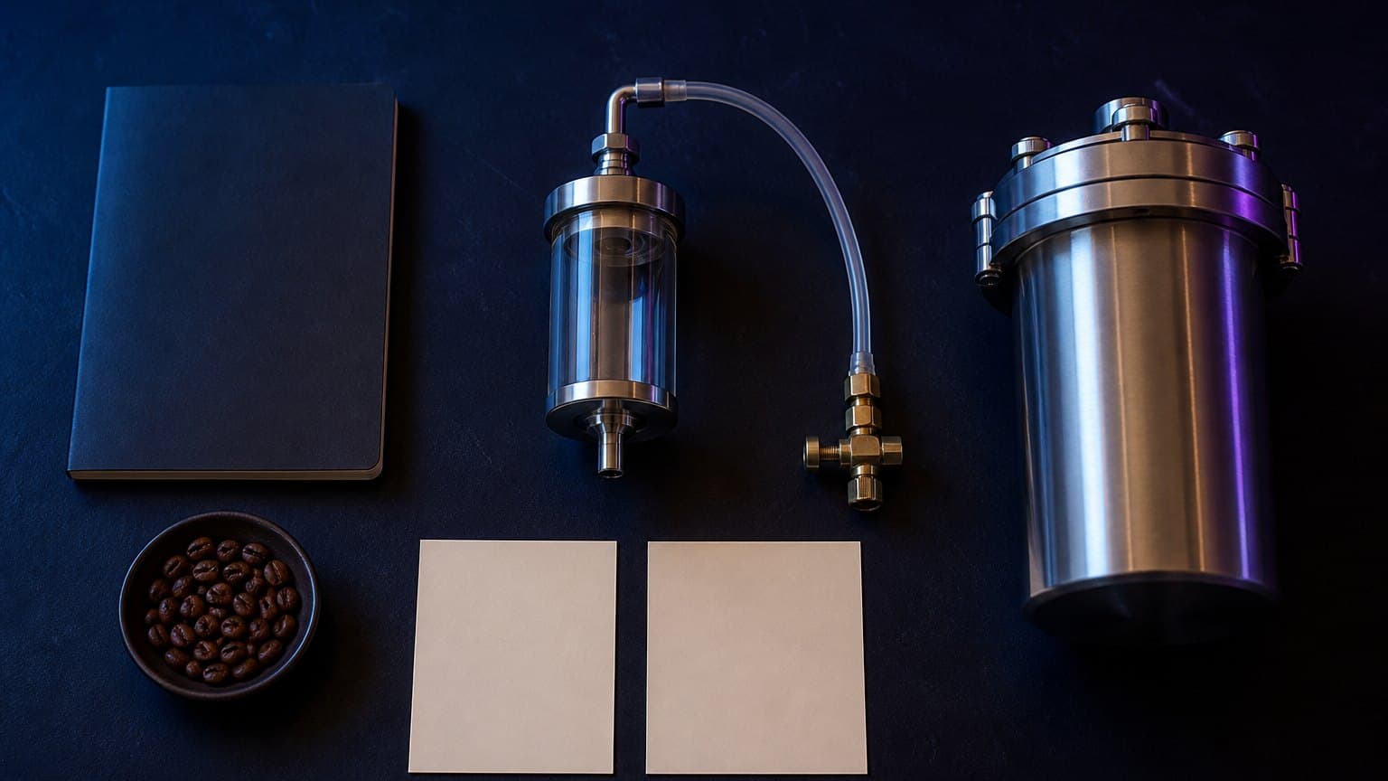 A closed blank notebook and dish of dark brown pellets, a separate glass vessel connected to a brass valve, two blank paper cards, and a separate sealed metal vessel lie on a dark bench.