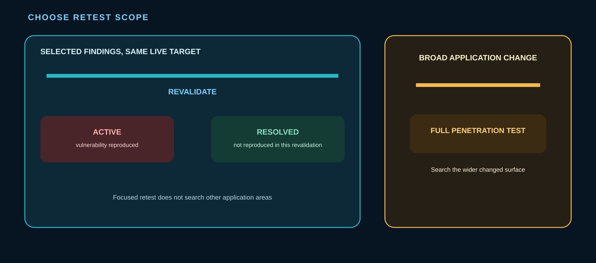 A retest-scope diagram routes selected findings on the same live target to revalidation with Active or Resolved results, while broad application change routes to a full penetration test.