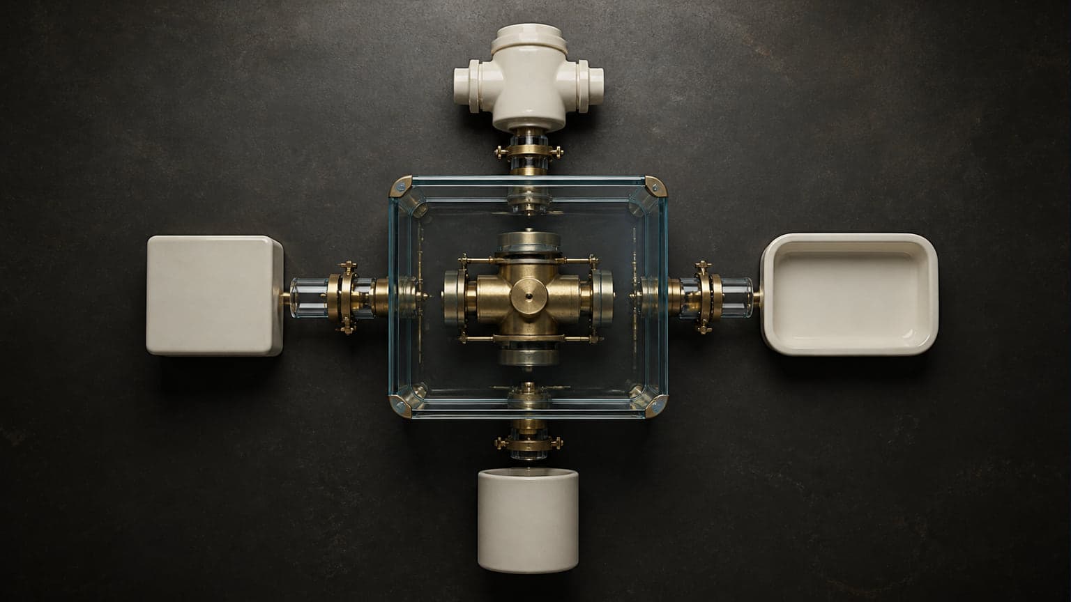 A brass module sits inside a square glass case with separate neutral gates leading to a blank square block, white valve, empty tray, and plain cylindrical vessel.