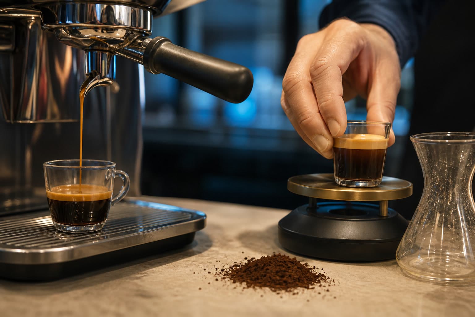 Espresso is still brewing into one glass cup while a barista places a separate completed cup on a brass balance.