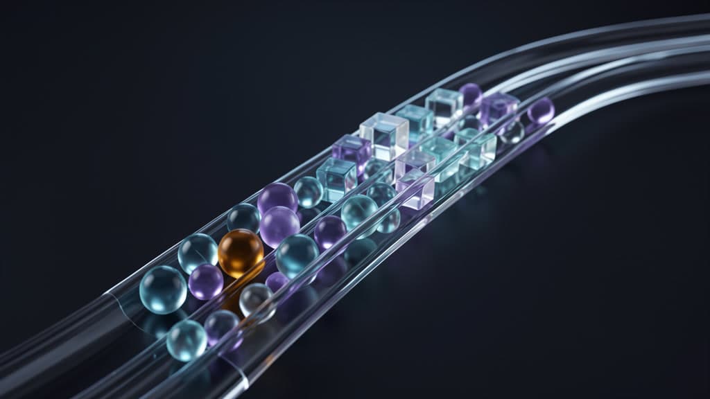 Glowing beads and clear glass cubes flow through curved glass channels on a dark studio surface.
