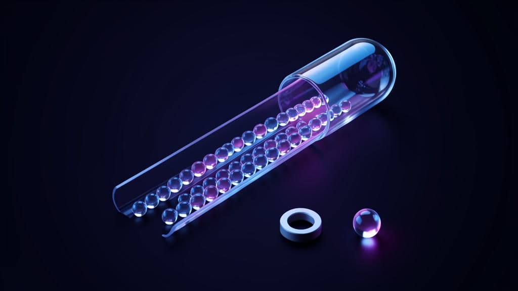 The AI Aggregate Provenance Card rendered as a tabletop object: a stack of grouped glass rows feeding a single glowing capsule, with a small gate labeled by a token cap and one unlit row falling outside the batch.