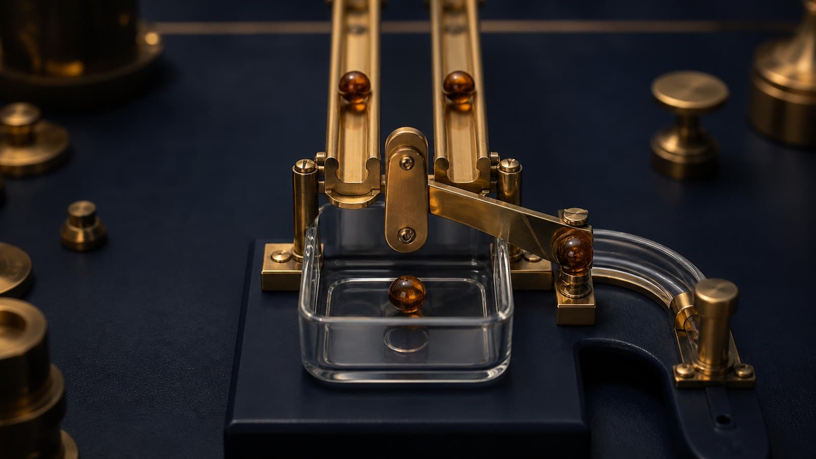 Two brass rails carry amber beads toward a mechanical gate, with one bead in a glass tray and another on a side channel.