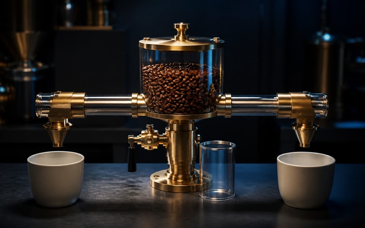 A central glass reservoir of dark roasted granules feeds two brass dosing lanes above two empty ceramic vessels, with an empty glass canister beside a shutoff valve.