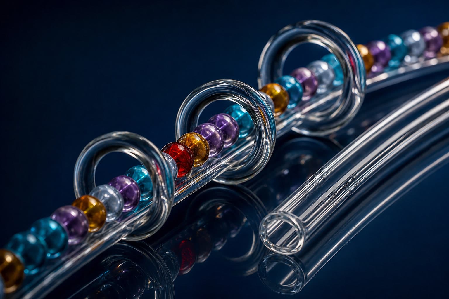 Colored glass beads pass through clear glass hoops beside an empty parallel glass tube.