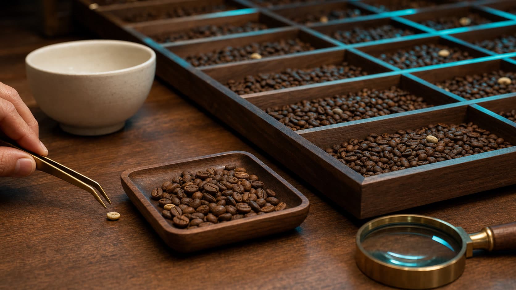 One compact walnut bean tray and an isolated light defective bean sit in the foreground; a much larger multi-compartment coffee sample rack recedes behind them with suspect beans spread across compartments, beside brass tweezers, a hand lens, and a white cupping bowl.