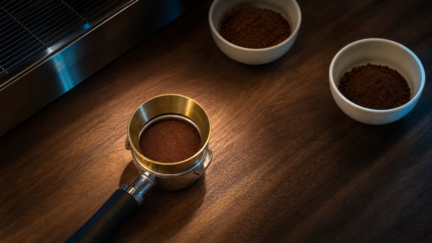 A brass dosing funnel sits over a coffee-filled portafilter in a warm pool of light while two bowls of grounds remain farther away on the bench.