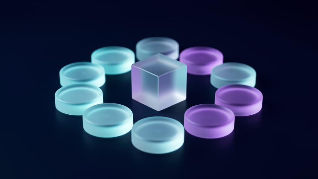 Frosted glass effort tokens arranged around a translucent control cube on a dark studio surface.
