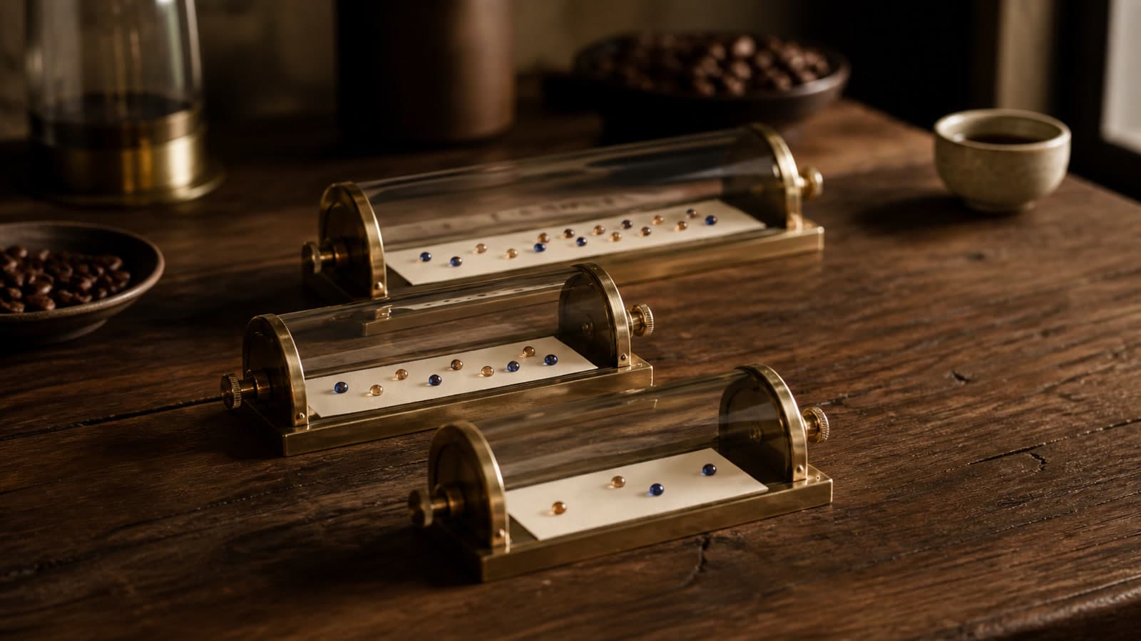 Three brass and glass tabletop channels hold blank paper strips with progressively more amber and blue beads.