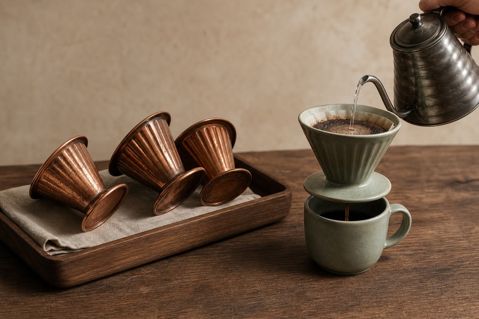 Three copper pour-over cones lie on a linen-lined wooden tray while a hand pours water through a sage dripper into a cup.
