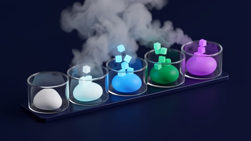 Glass cups hold blank colored action beads while small cubes descend from a cloud of mist on a deep navy background.