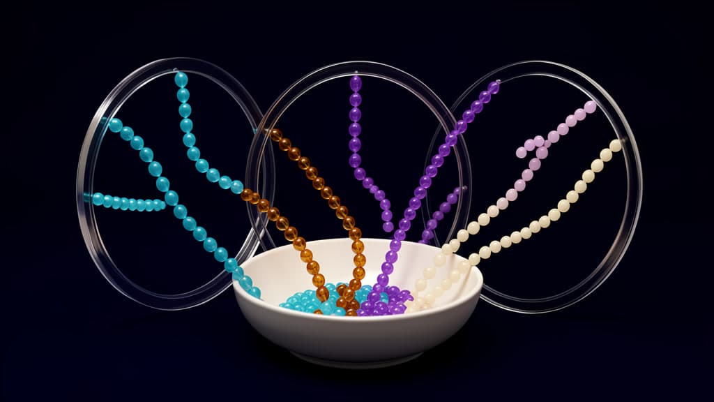 Cyan, amber, violet, and ivory bead strands pass through three clear hoops into a white bowl.