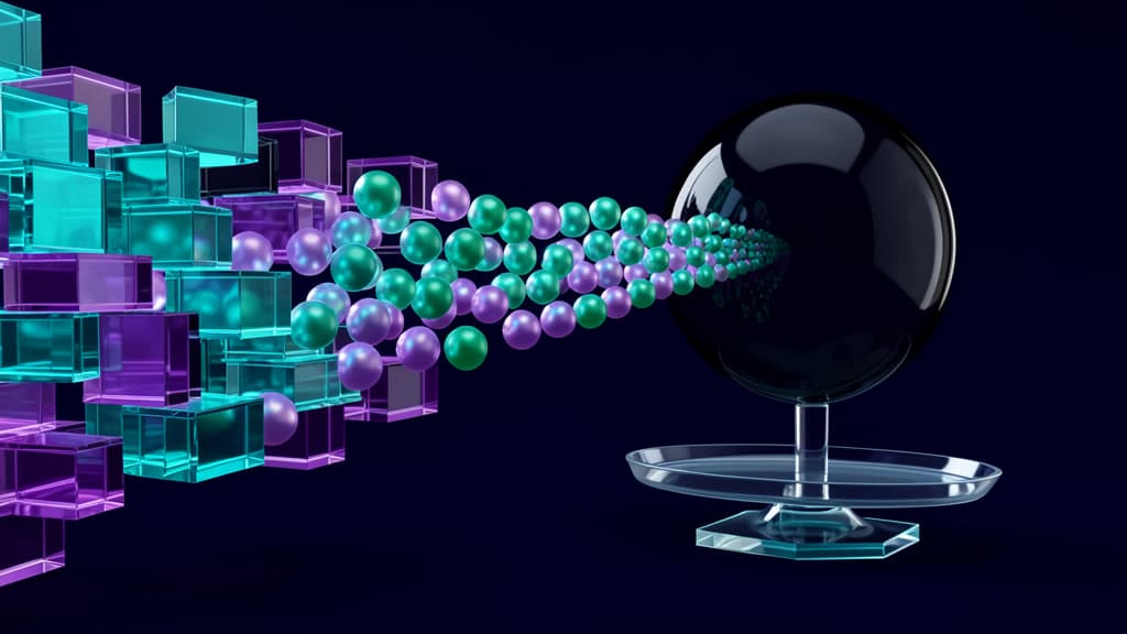 Transparent file blocks dissolving into compact glowing beads through a plain local proxy sphere, with a steady glass balance below.