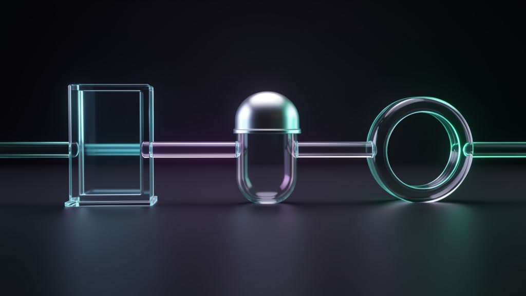 A run card control flow: a blank permission gate, a capped glowing credit capsule, and a glass receipt ring connected along a dark pipeline rail, with no readable text or UI