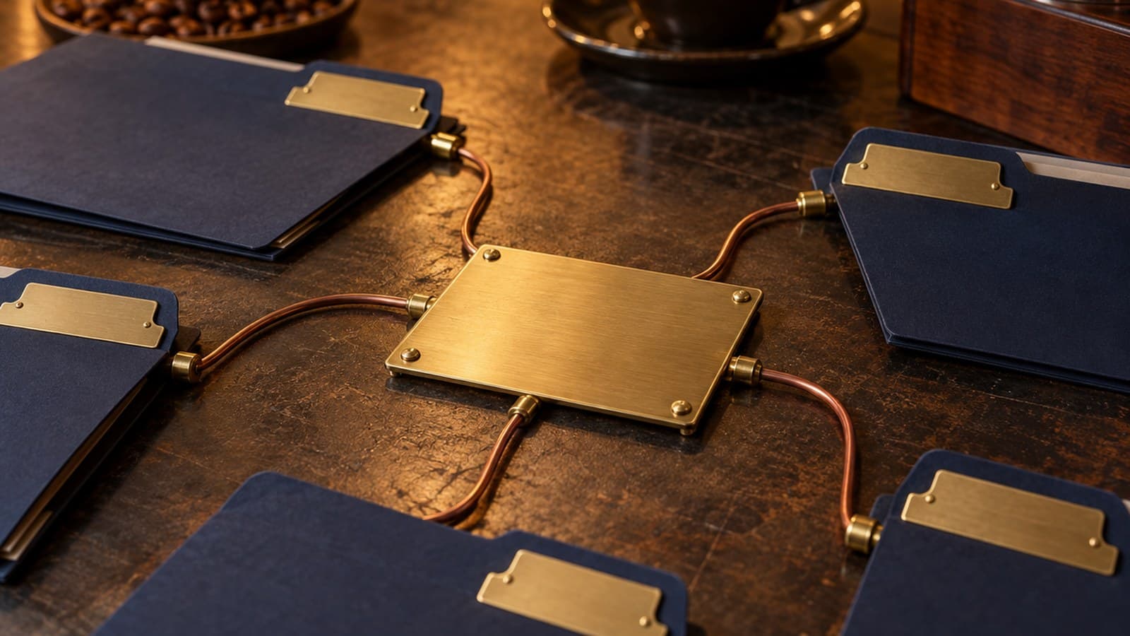 Blank brass index plate linked by copper wires to unlabeled navy folders on a workbench.