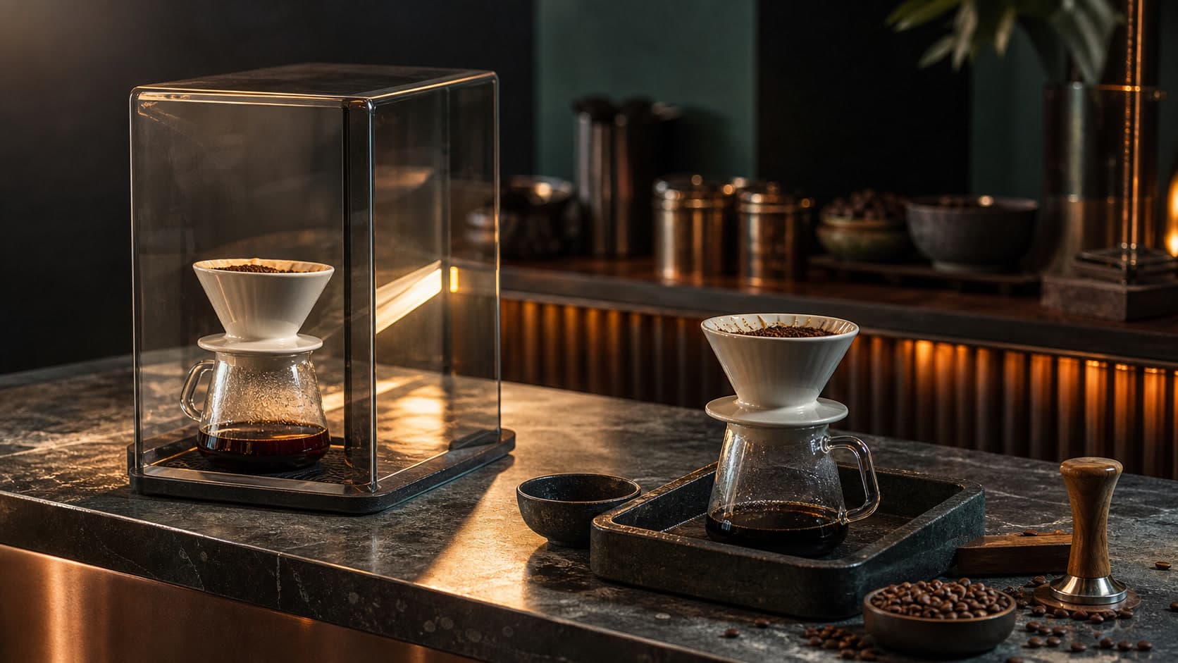 Two pour-over coffee stations on a dark stone counter, one enclosed by a clear glass box and one open inside its own stone tray.