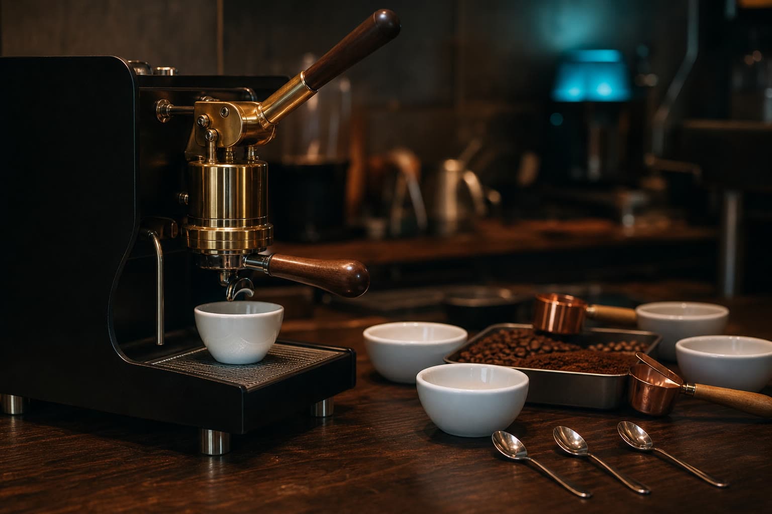 A manual espresso machine with one brew lever and one cup beneath the group head stands beside three cupping spoons, several bowls, and a tray of coffee beans.