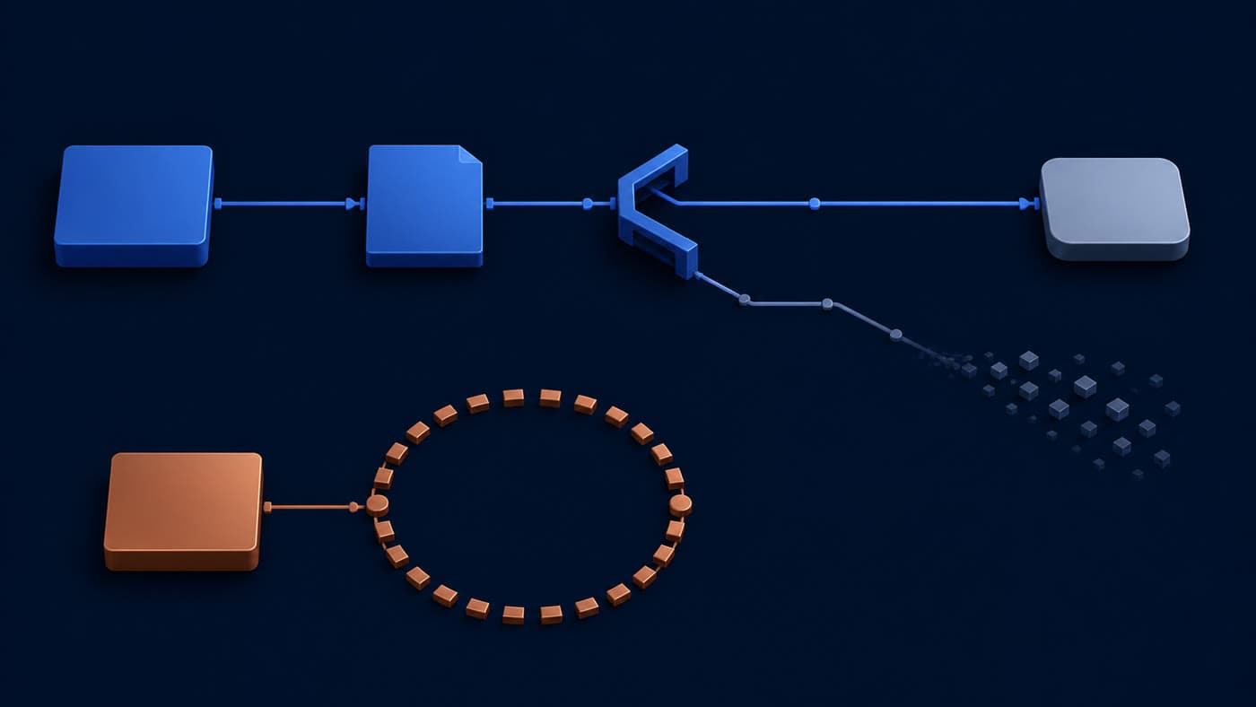 A constructed diagram sends a blue repository-fact tile through a branch-validation split while a separate copper preference tile connects to an unnumbered retention ring.