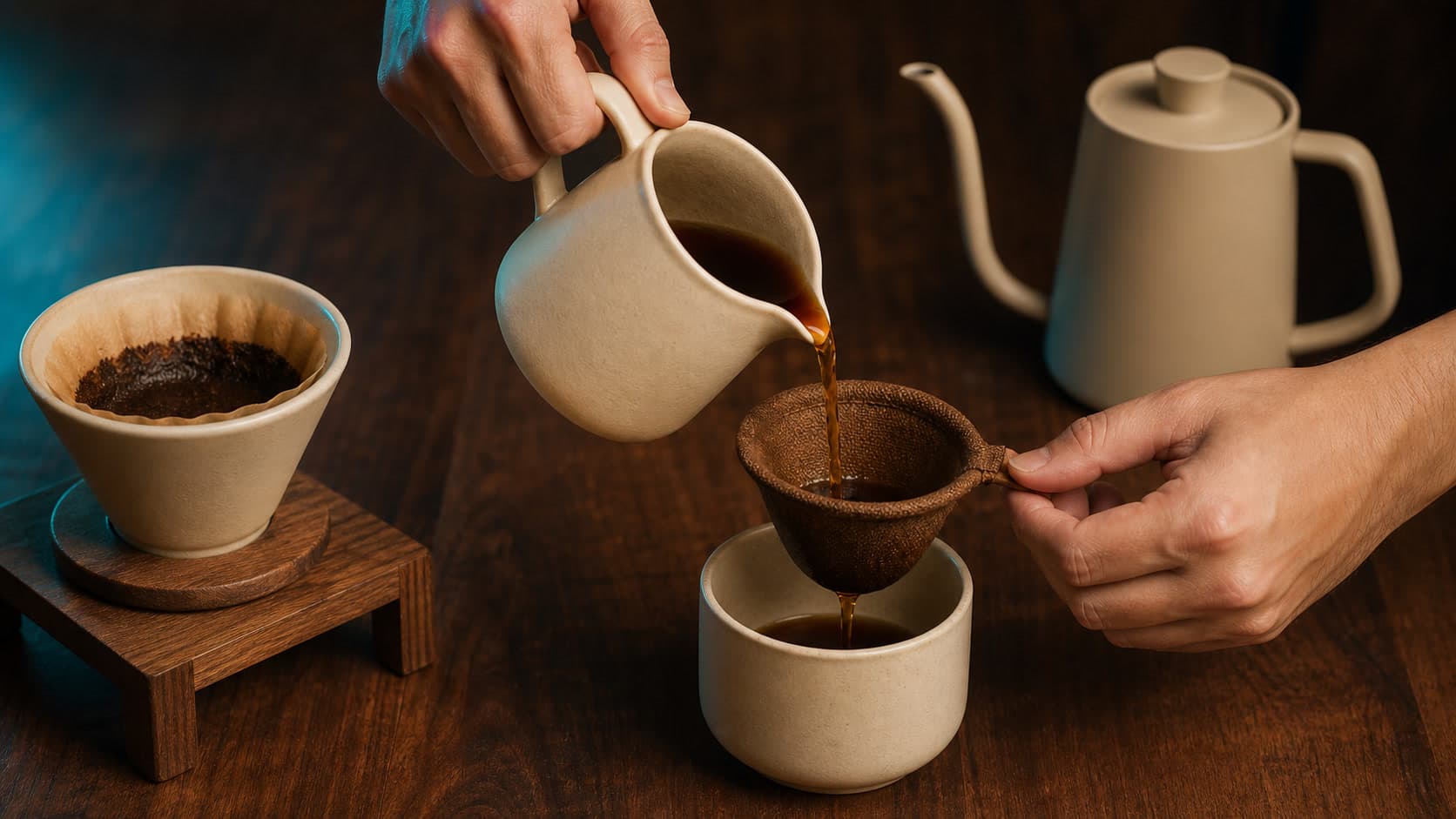 One hand pours brewed coffee from a ceramic server through a cloth filter held by another hand over a ceramic cup; a pour-over dripper with coffee grounds and a kettle sit nearby.