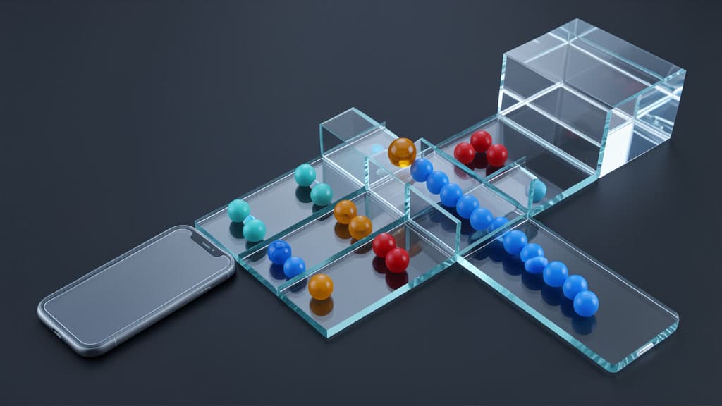 A textless glass lane map with colored beads, a blank phone tile, and a raised amber boundary gate showing which agent work can move from mobile review toward a workstation.