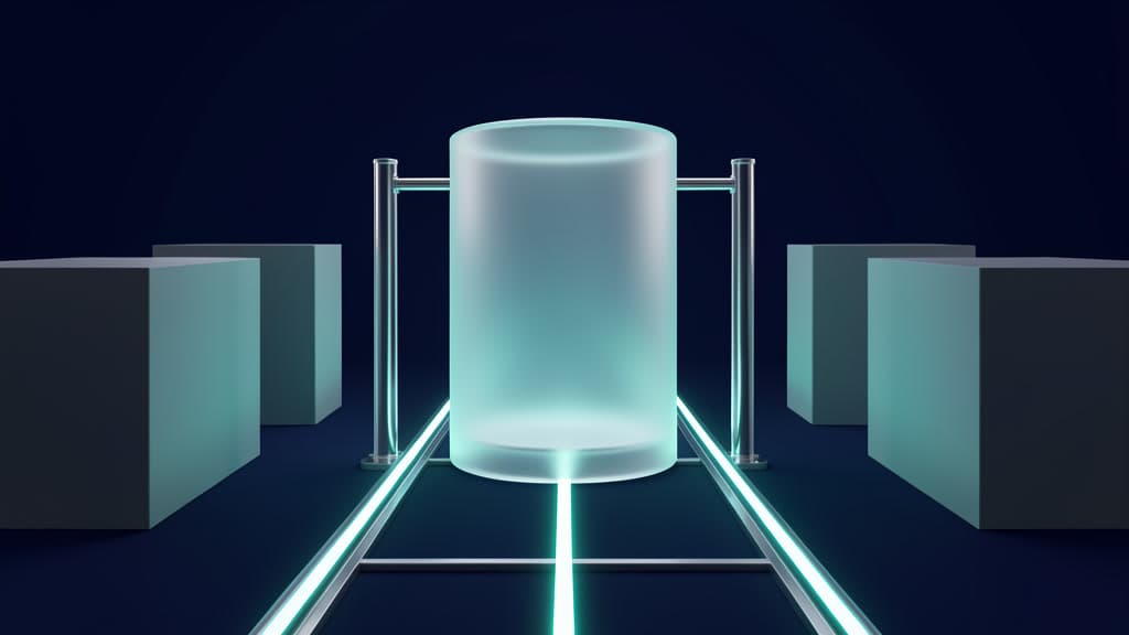 A small glowing database core in a dark studio, tethered by transparent rails and gates that channel it down a single narrow path, with blank blocks and faint light traces in a navy, cyan, and violet palette.