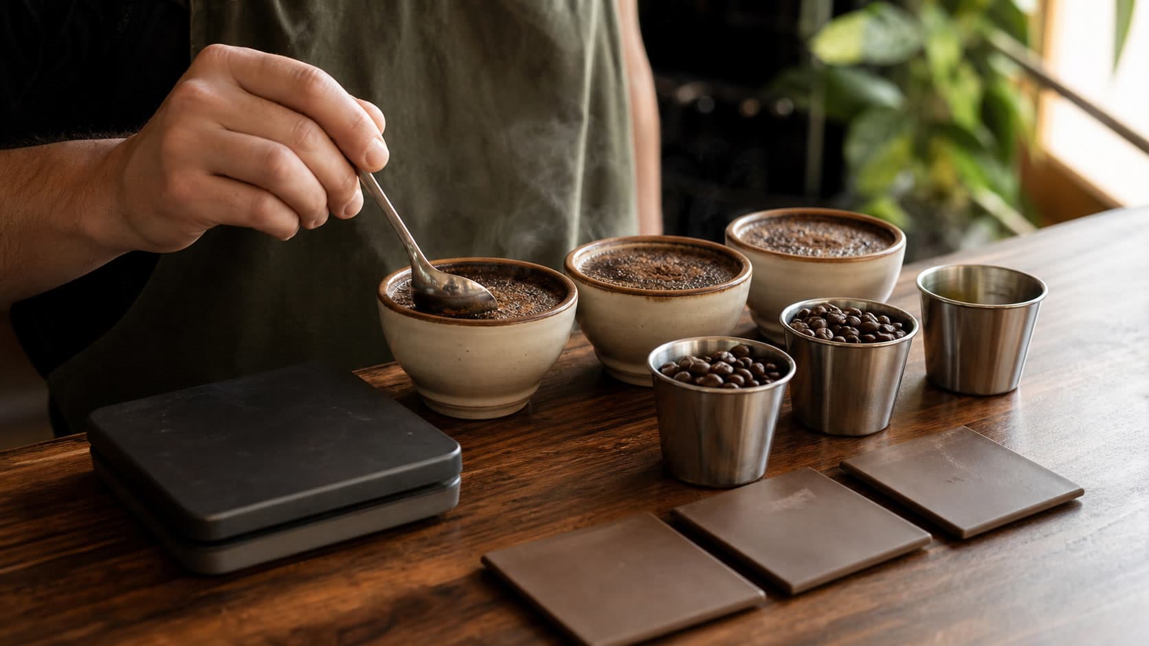 A barista stirs one of three steaming cupping bowls while two stainless dosing cups hold coffee beans and a third dosing cup remains empty beside an unmarked scale and three plain roast-color tiles.