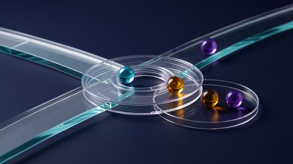 Translucent cyan and clear tracks cross around two clear circular rings, with cyan, amber, and violet glass beads on a dark blue background.