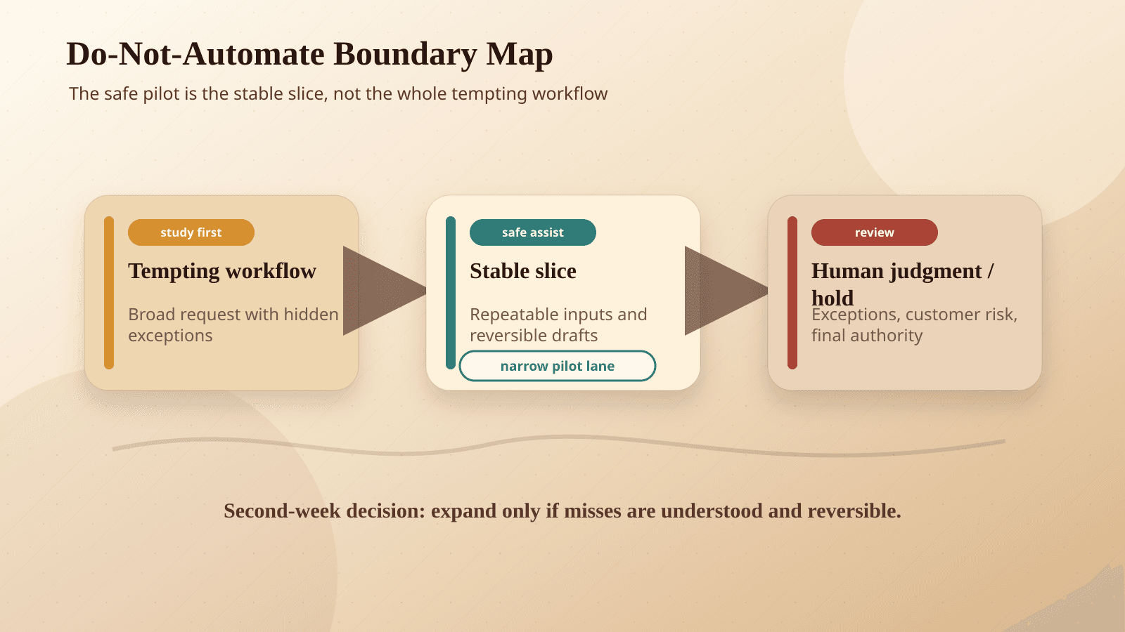 A workflow audit map separating repeatable AI assistance from judgment-heavy steps that should stay under review.
