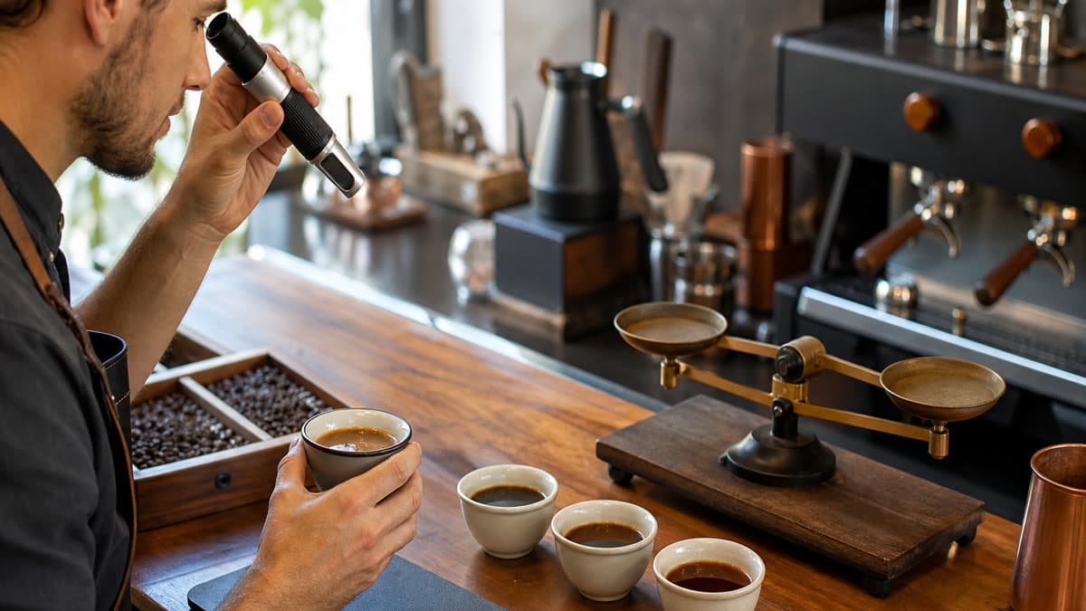 A barista measures one espresso from a blended roast beside three separate coffee samples, a plain refractometer, and an unmarked scale on a coffee-calibration bench.