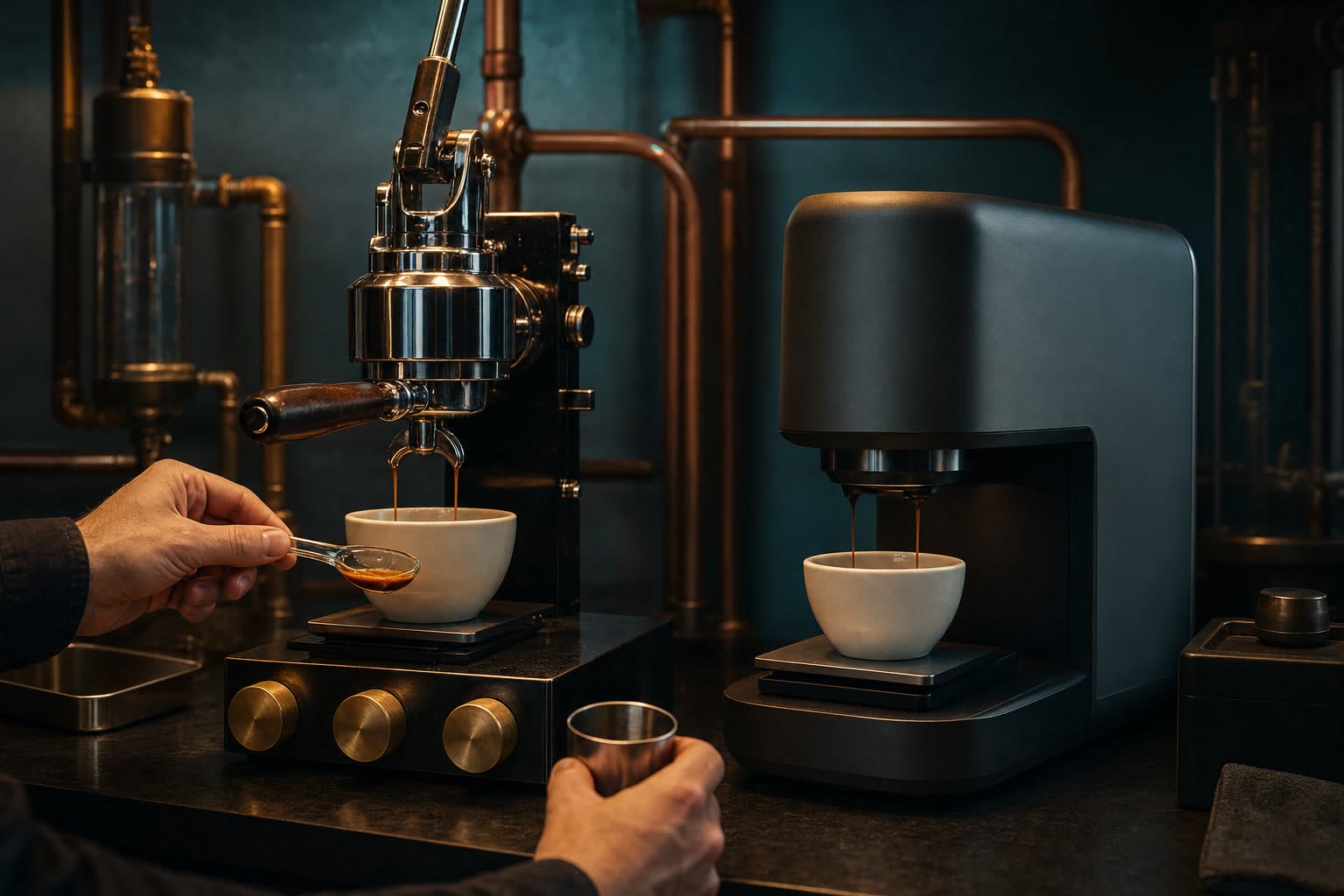 Two espresso machines pour into cups side by side; the left machine has three brass knobs and a hand holds a spoon near its cup, while the right machine has an enclosed black body.
