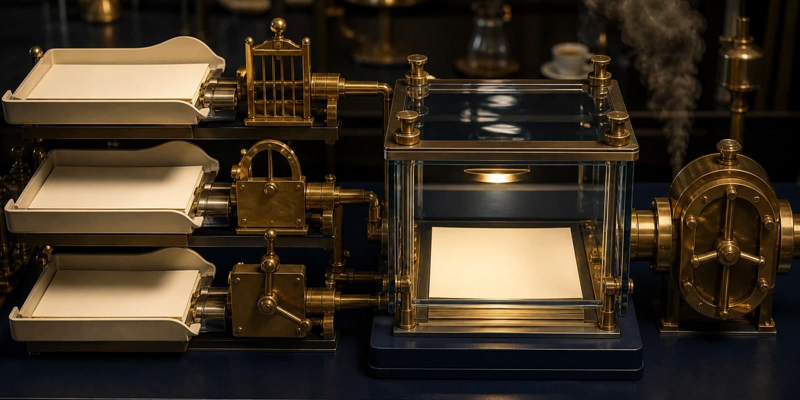 Three blank document trays pass through separate brass gates into a glass chamber, followed by a large closed brass valve.