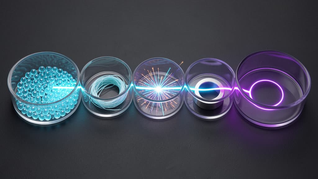 A translucent glass bead of light splitting into several staged glass chambers on a dark surface, each chamber slightly different in shape, with a single thread continuing through all of them toward a final open aperture, no text or icons.