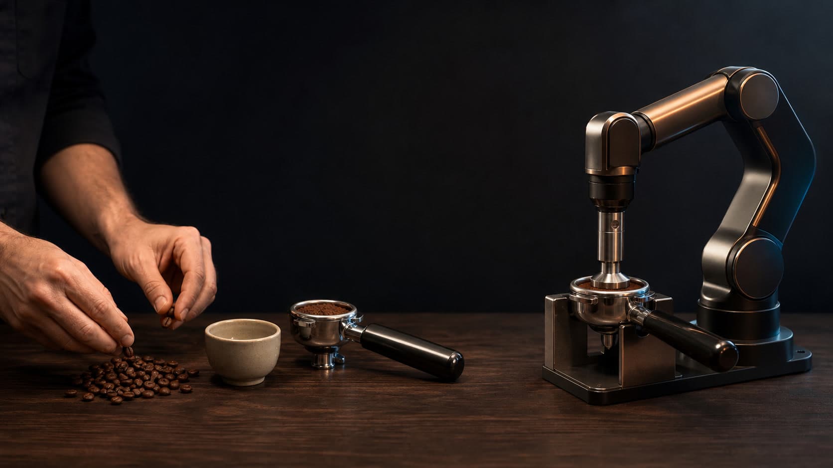 A barista sorts roasted coffee beans beside a ceramic cup and a filled portafilter while a separate robotic arm presses a tamper into another portafilter held in a metal cradle.