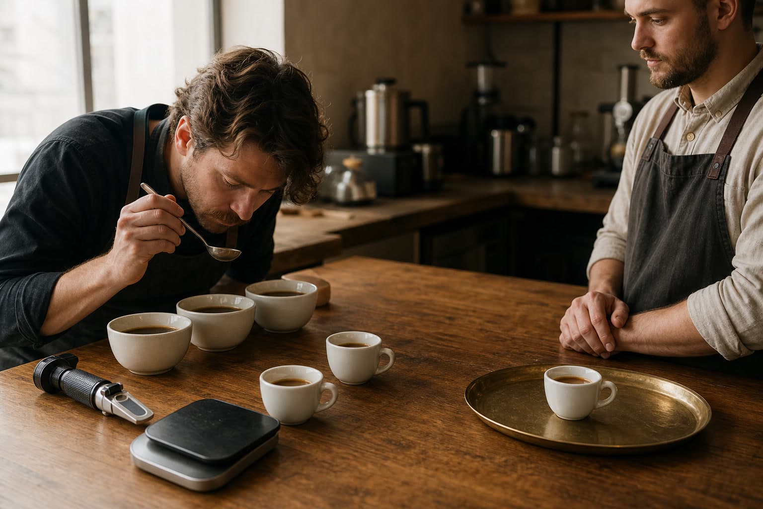 One barista tastes coffee from four cupping bowls while another watches one espresso cup on a brass service tray beside two cups, a scale, and a refractometer.