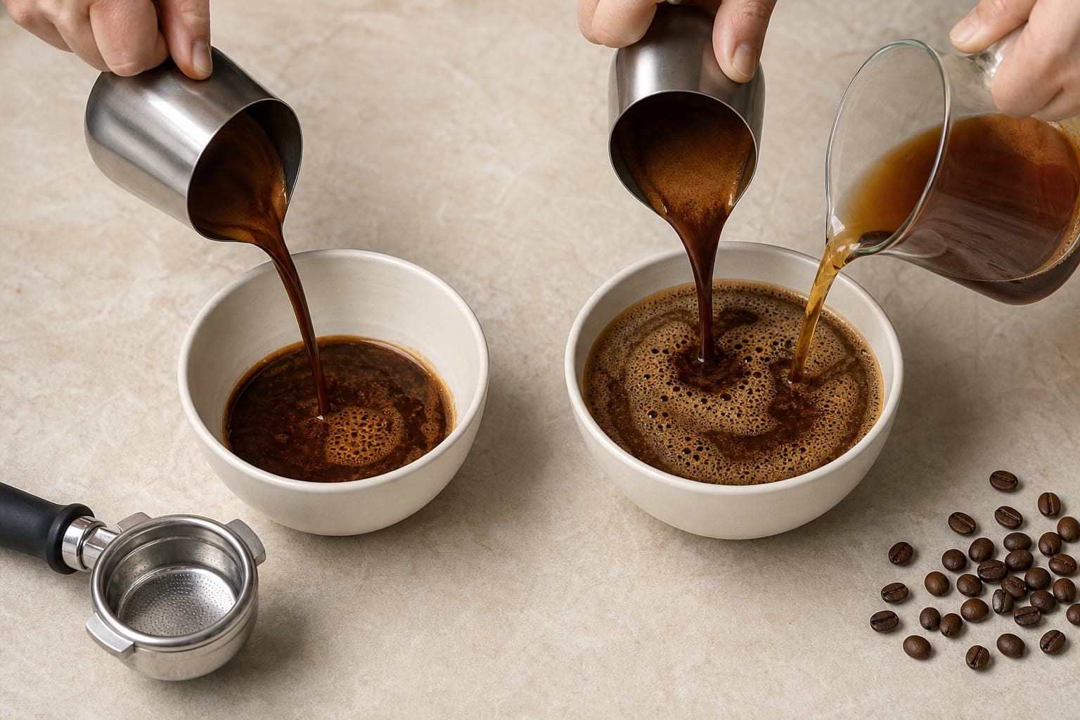 Two plain ceramic bowls receive coffee on a light workbench; the left bowl receives one stream, while the right bowl receives separate streams from a stainless pitcher and a glass server.