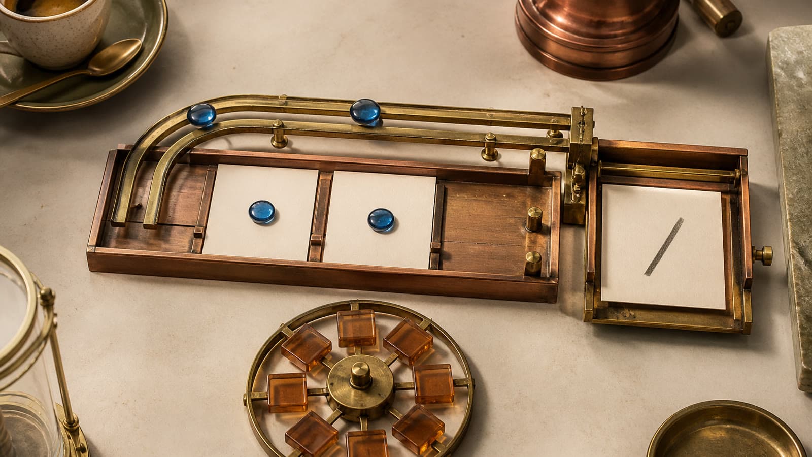Two cream cards with blue glass markers sit beneath curved brass rails, while a pencil-marked card rests in a separate side bay beside a ring of amber tiles.