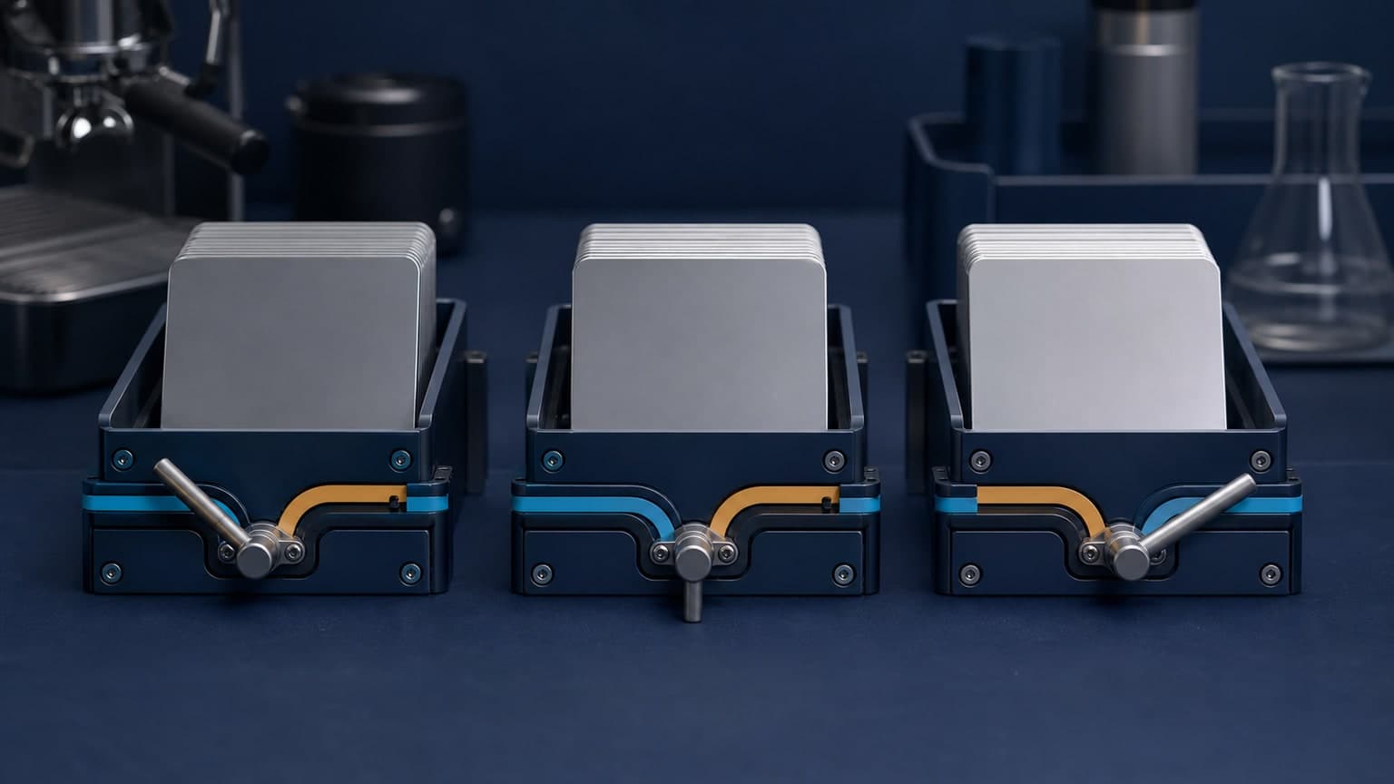 Three stacks of blank metal cards sit on separate dark modules, each with cyan and amber paths and an unmarked selector in a different position.
