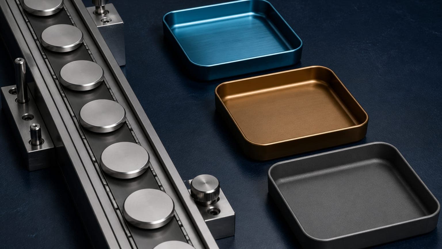 Six blank silver discs sit on a dark rail beside empty cyan, amber, and gray trays.