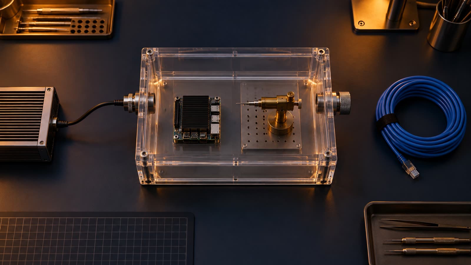 A glass chamber contains a computer module and brass probe, with one port connected to external hardware and another capped before a cable spool.