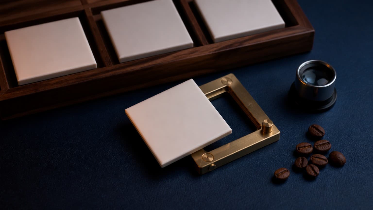 A blank white ceramic tile rests partly over an open brass frame, with three blank tiles in separate walnut compartments nearby.