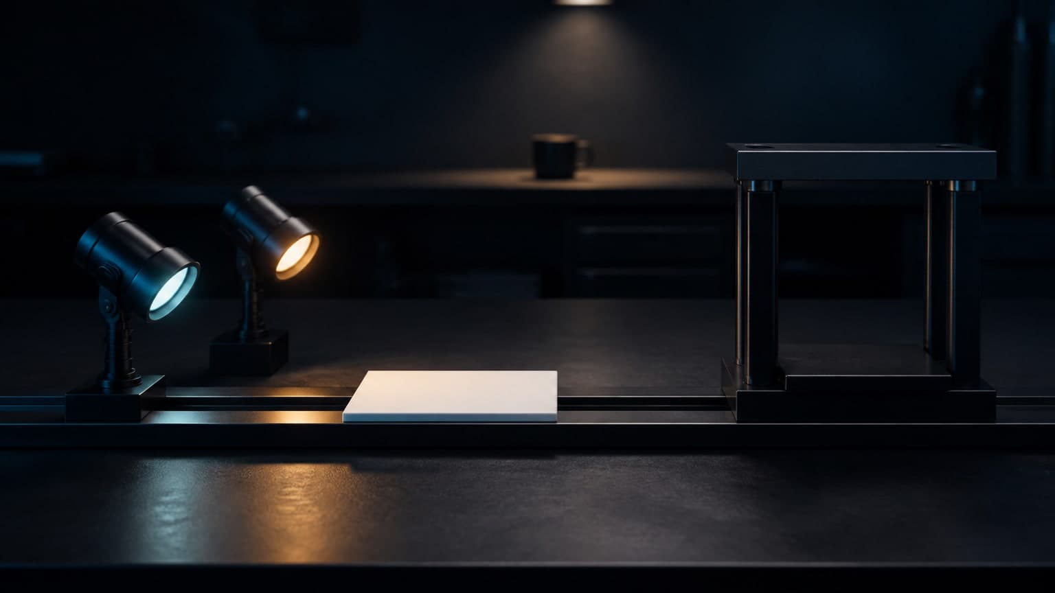 Cyan and amber inspection lamps face a blank white tile on a rail, while an empty black testing frame stands farther to the right.