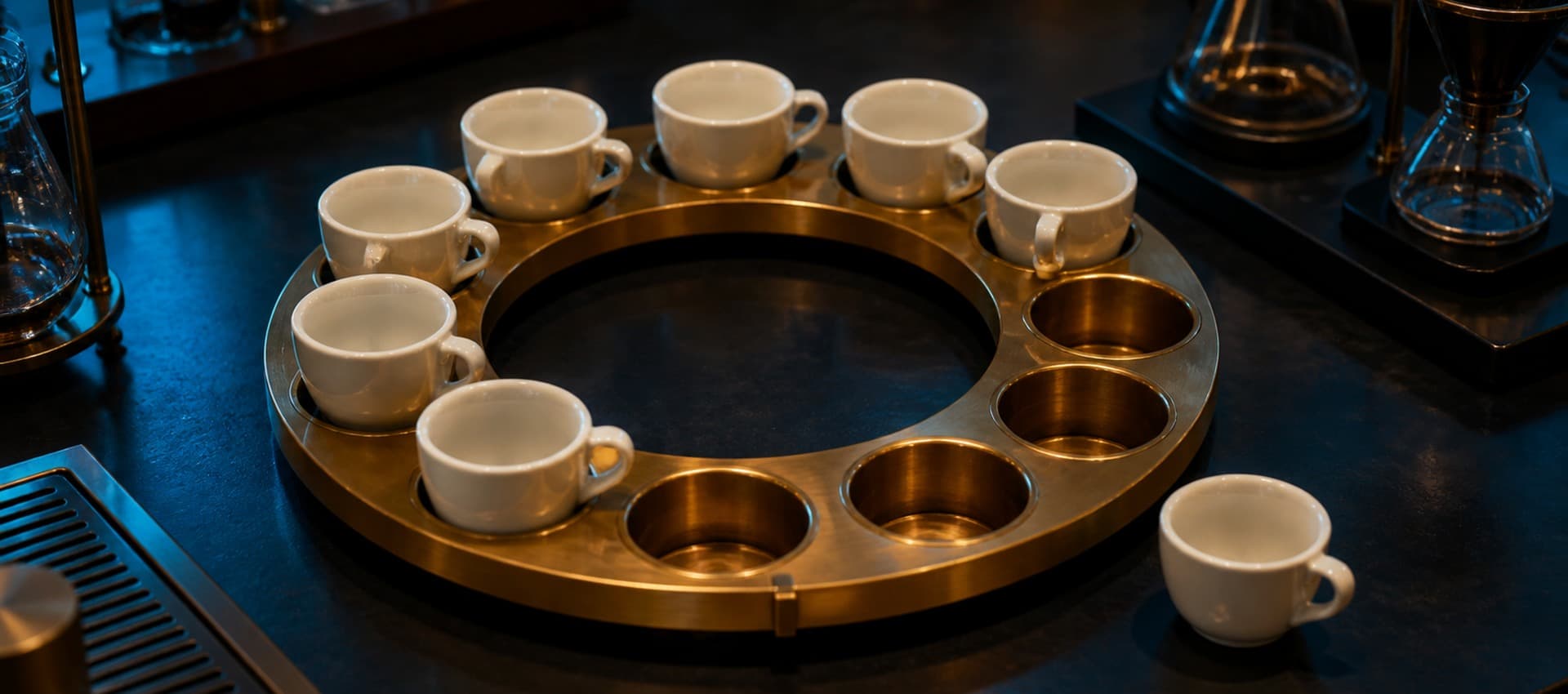 Seven empty white handled ceramic vessels occupy brass holders around a circular tray, five holders are empty, and one vessel sits beside the tray.
