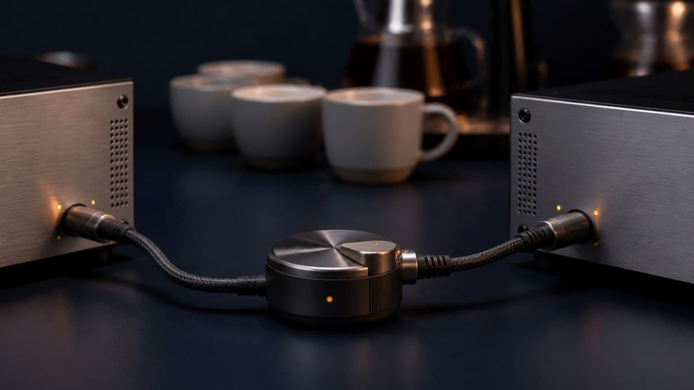 An unmarked round selector connects by braided cables to two separate metal modules, with four plain ceramic mugs in the background.