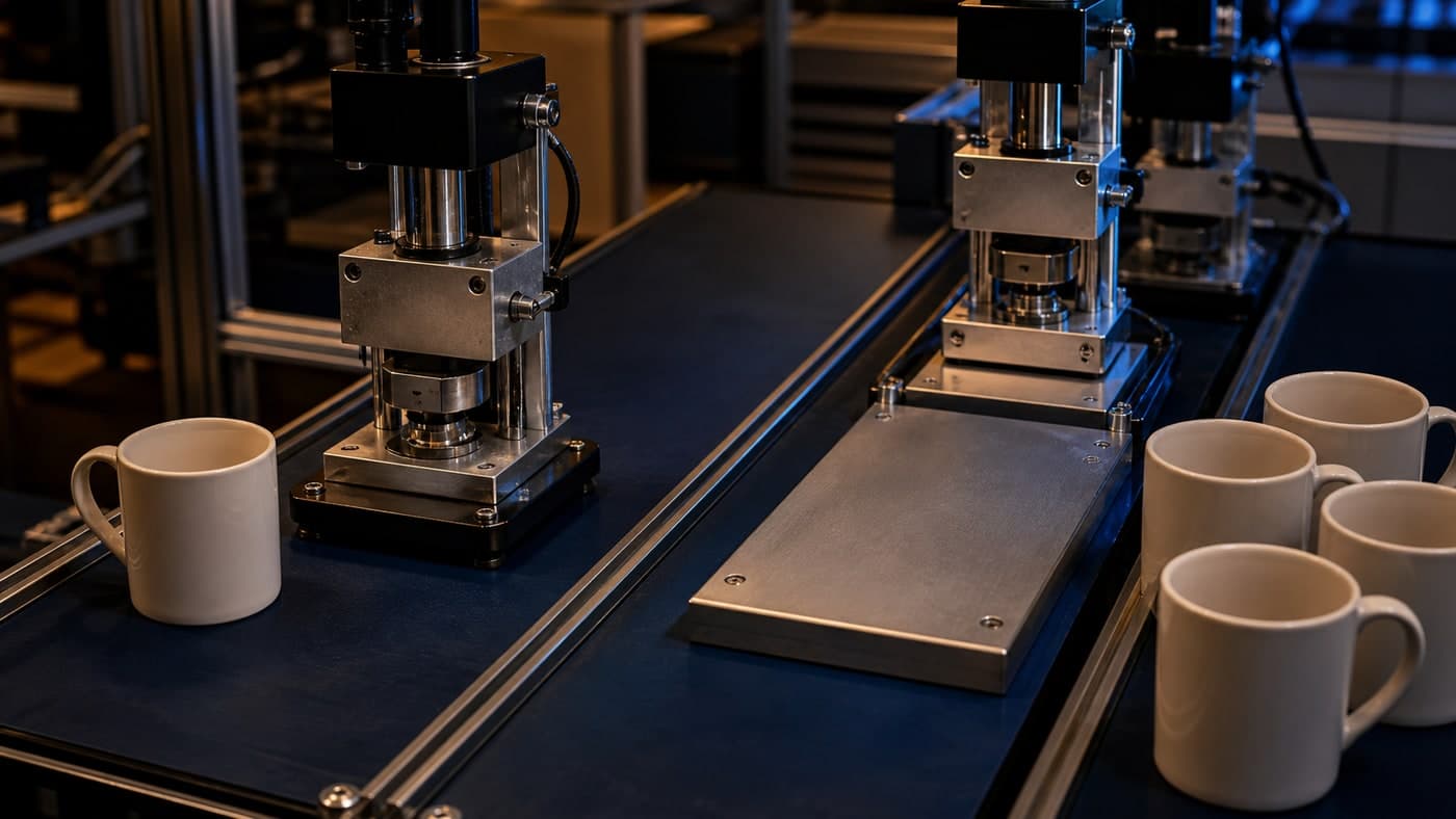 One white mug sits beside a metal mechanism on the left lane, while five white mugs sit beside a blank metal plate and two mechanisms on the right lane.