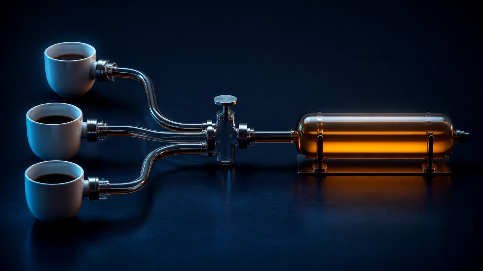 Three white ceramic vessels connect through clear glass tubes and one metal valve to a horizontal amber cylinder.