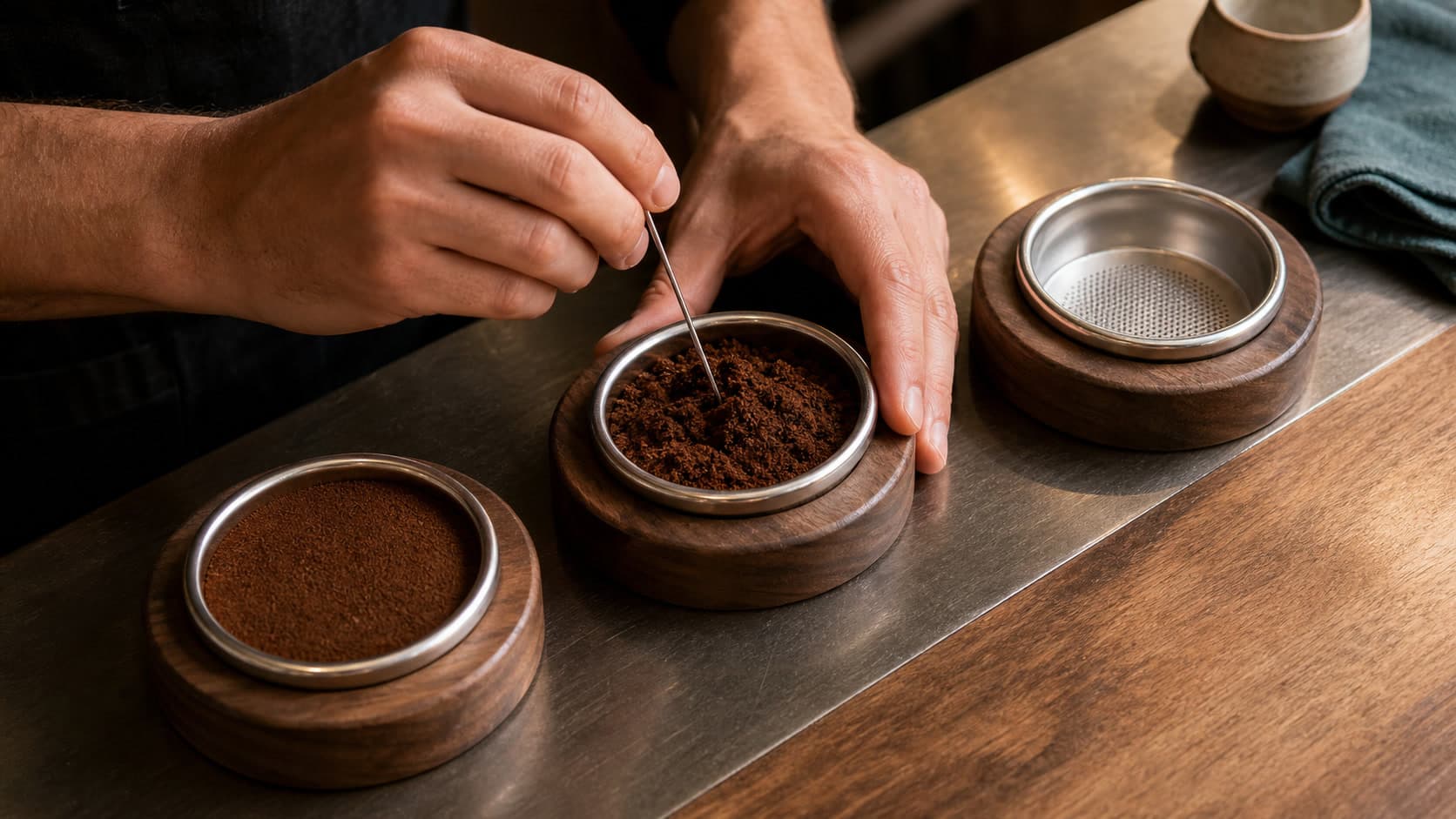 A barista inspects grounds in the center of three handle-free espresso filter baskets, beside one level basket and one empty basket.