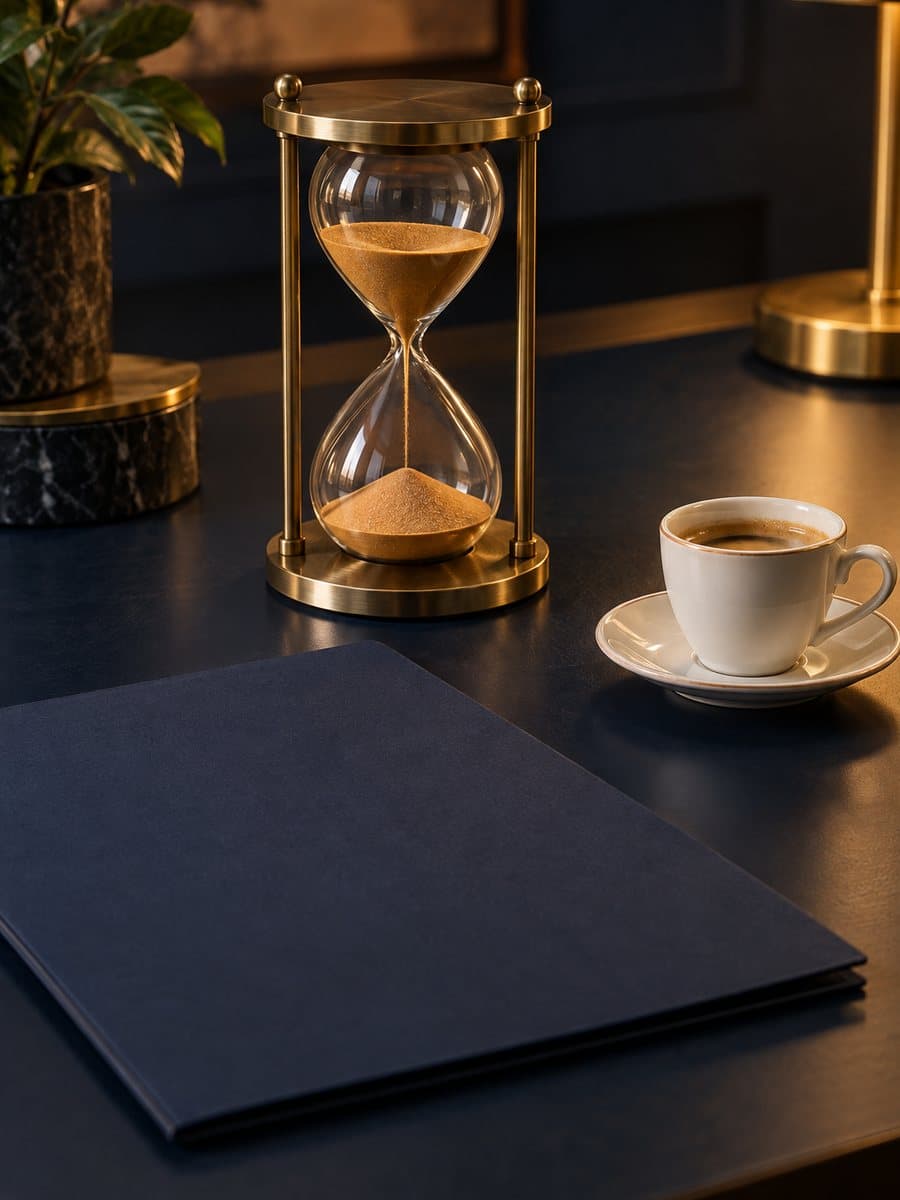 A brass hourglass beside a white drink vessel and a closed navy folder.