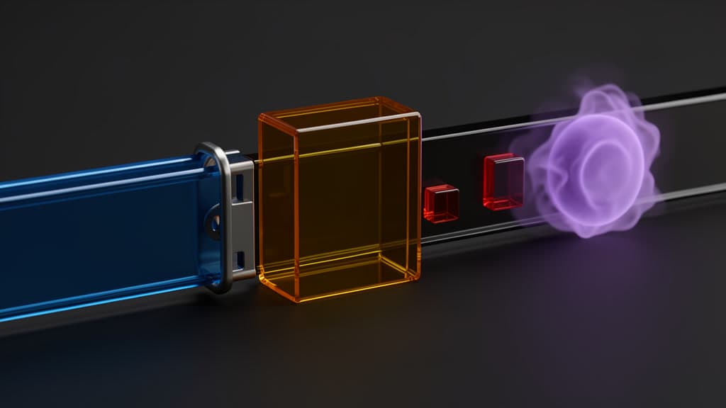 A single amber approval gate set into a glass workflow rail, blue locked rail on one side, a violet fog node drifting on the other, and a red stop switch positioned just past the gate.